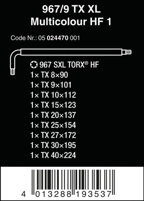ZESTAW KLUCZY TRZPIENIOWYCH TORX 967/9 TX XL MULTIC TX8-TX40 ZESTAW KLUCZY TRZPIENIOWYCH TORX 967/9 TX XL MULTIC TX8-TX40