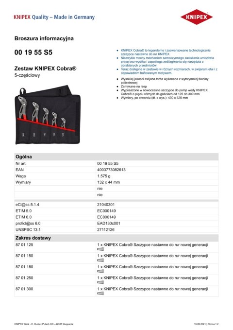 ZESTAW SZCZYPIEC DO RUR W ETUI 5-CZĘŚC 125,150,180,250,300MM ZESTAW SZCZYPIEC DO RUR W ETUI 5-CZĘŚC 125,150,180,250,300MM