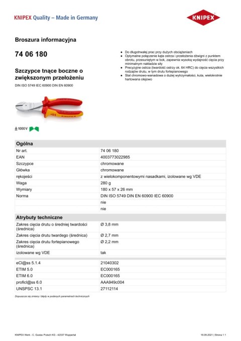 SZCZYPCE TNĄCE BOCZNE O ZWIĘKSZONYM PRZEŁOŻENIU 180MM SZCZYPCE TNĄCE BOCZNE O ZWIĘKSZONYM PRZEŁOŻENIU 180MM
