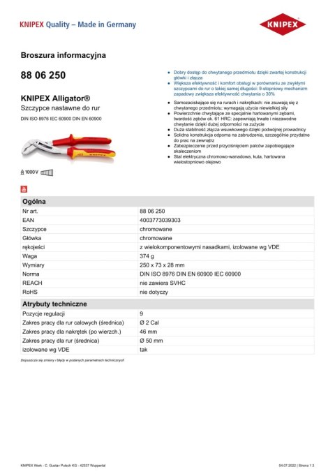 SZCZYPCE DO RUR NASTAWNE ALIGATOR IZOLOWANE 250MM SZCZYPCE DO RUR NASTAWNE ALIGATOR IZOLOWANE 250MM