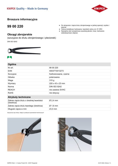 OBCĘGI ZBROJARSKIE DO DRUTU ZBROJENIOWEGO I PLECIONEK 220MM OBCĘGI ZBROJARSKIE DO DRUTU ZBROJENIOWEGO I PLECIONEK 220MM