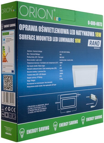 PANEL LED NATYNKOWY Z ZASILACZEM RAND 225*225 18W PANEL LED NATYNKOWY Z ZASILACZEM RAND 225*225 18W