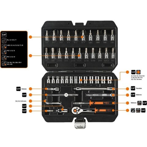 ZESTAW KLUCZY NASADOWYCH 1/4'' 46SZT ZESTAW KLUCZY NASADOWYCH 1/4'' 46SZT